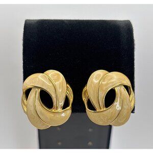 Vintage Napier Gold Tone Cream Knot Enamel Screw Back Clip On Earrings Signed